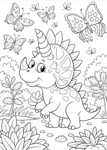 Coloring page, happy cartoon Triceratops eating leaves from a low bush with butterflies around, white background, black line art