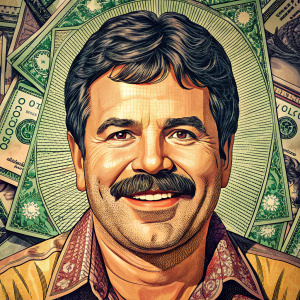 illustration of El Chapo Guzmán with a pop art concept on the background of dollar bills smiling and wearing 70s clothes