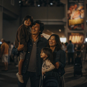 Ken Marino, Erica Oyama, and their kids Ruby and Riley at the San Diego Comic-Con. Family smiling in front of colorful Marvel Comics banner.