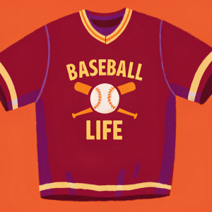 Graphic t-shirt with the slogan 'Baseball Life' in bold, playful font. Baseball themed illustration on the chest.