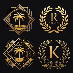High-end logo designs for Knuk Resort. Luxurious gold hues against a sleek black backdrop. Various concepts include geometric patterns, palm trees, and the letter 'R' adorned with leafy wreaths.