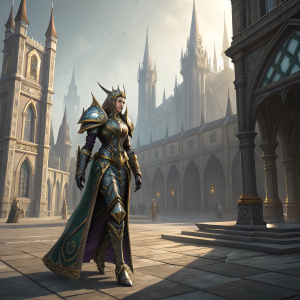 Digital artwork featuring Maiev Shadowsong. Standing in a vast, enchanted courtyard surrounded by towering, gothic spires and intricate, detailed architecture. She is clad in finely crafted armor adorned with gold accents and precious stones. The scene is illuminated by mystical, magical light casting long shadows.
