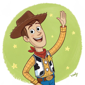 Cartoony illustration of Woody from Toy Story. Woody waving, smiling broadly, wearing classic cowboy attire. Green background