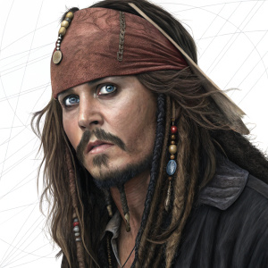 Realistic digital portrait of Captain Jack Sparrow. Striking blue eyes and wild, untamed hair. Dark attire and stern expression. Rendered in Photoshop with grid lines visible