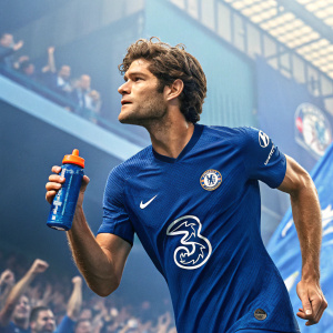 Marcos Alonso, soccer player, featured in an advertisement for a sports drink. Dressed in blue jersey with team logo