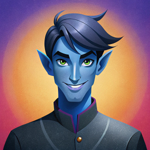 Male dark elf, blue-black hair, bluish-gray skin, red eyes with vertical pupils, handsome, smiling, graceful, charming, hypnotizing, masculine, very attractive, strong dressed in an elegant black vintage shirt, hairstyle with a bang on left side