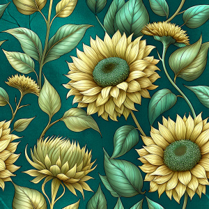 Teal and Gold of beautiful blooming Sunflower flowers, Seamless Pattern