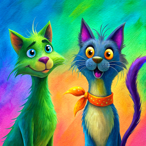 A cartoonish skinny hairy feral cat and dog, looking each other, funny faces, with big round eyes, black ears and light brown fur.
they wears a red and blue scarf with white polka dots tied around his neck.
Their eyes are very expressive, giving a friendly and curious feeling.
The visible texture suggests that the work is painted on old and damage wood background.
It is a very colorful and cheerful artistic painting
