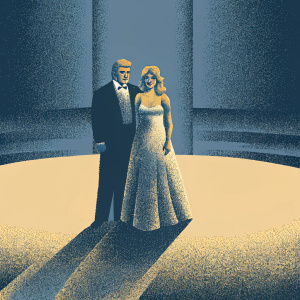 Donald Trump and Marla Maples at a gala event. Donald in a black suit, Marla with a glamorous updo hairstyle. They are posing on a dimly lit stage.