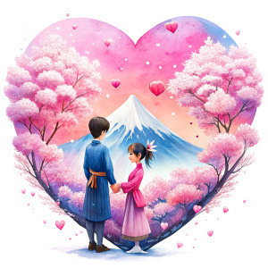 valentine,pink,liberty hold heart,white background,couple kids,kimono,fujisan