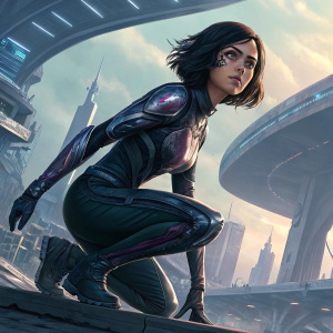 Alita: Battle Angel character concept art. Futuristic setting, digital painting style. Crouching pose, dynamic and sleek design