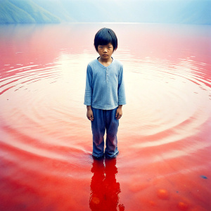 a dead child standing in red water