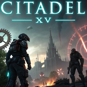 Promotional artwork for 'CITADEL XV'. Dark theme, sharp digital graphics, featuring key game details.