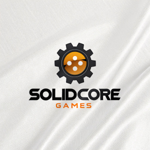 A sleek logo for Solidcore Games. Black gear-shaped icon on white backdrop. Company name in modern font, using black and orange colors.