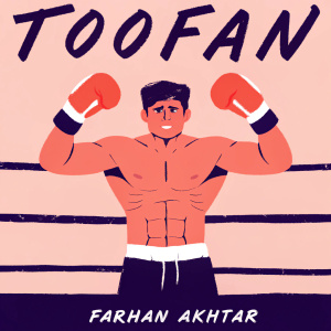 Movie poster for 'Toofan'. Farhan Akhtar, muscular and intense, standing in a boxing ring. Dramatic atmosphere, muted colors, focusing on action elements.