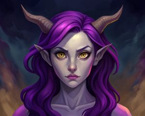 
succubus with purple hair, sad look