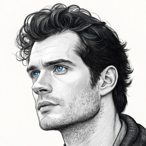 Detailed sketch of Henry Cavill's face. Contours, hair, and facial features prominently featured. Close-up view.
