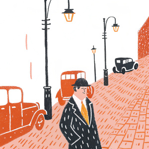 Cillian Murphy, starring in a gritty street scene from Peaky Blinders. Dark, rain-soaked cobblestone streets, vintage cars, and dimly lit gas lamps in the background.