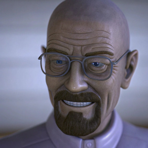 Close-up of Walter White from Breaking Bad. He's smiling goofily, wearing a purple lab coat.