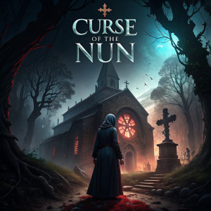 Film poster for 'Curse of the Nun'. Dark, gothic setting with a nun character. Demonic presence, religious symbols, eerie ambiance.