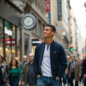 Cristiano Ronaldo, dressed in casual attire, walking through a bustling downtown area.