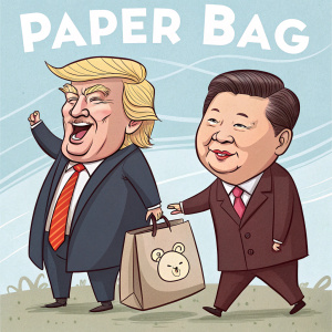 Illustration featuring cartoon caricatures of world leaders, Donald Trump and Xi Jinping among them. The scene is set against a serene pastel blue background. Part of a satirical series named 'Paper Bag.'