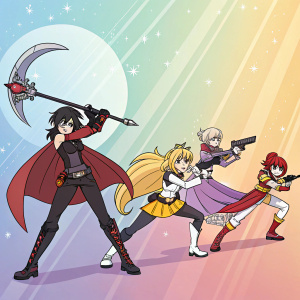 RWBY cast in action pose. Brightly lit, gradient background. Yang Xiao Long, Ruby Rose, Weiss Schnee, and Blake Belladonna each in unique outfits.