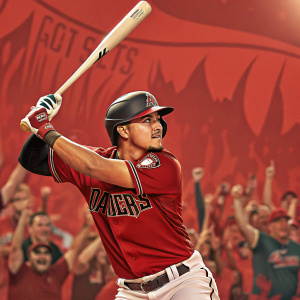 Josh Rojas, baseball player, in intense batting stance. Red jersey with team logo. Vibrant crowd in background