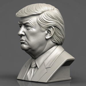 Digital 3D render of Donald Trump's bust. Realistic texture, detailed face, and hair styled as seen in public appearances. Background is solid, neutral gray.