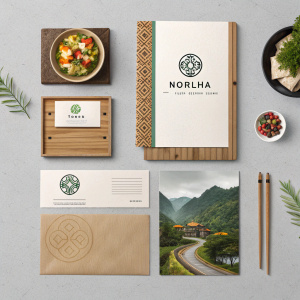 Marketing materials for Norlha Tibetan Vegetarian Restaurant. Includes business cards, flyers, and branding mockups. Neutral and earthy color palette. Digital presentation format.