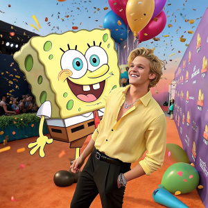 Cody Simpson at the Nickelodeon Kids' Choice Awards. Dressed in a yellow shirt and black pants, posing happily. A large, colorful SpongeBob SquarePants balloon stands behind him.