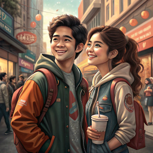 Joshua Garcia and Loisa Andalio, from the hit series The Good Son, smiling and posing casually on a busy city street. The background is filled with bustling crowds and colorful storefronts.