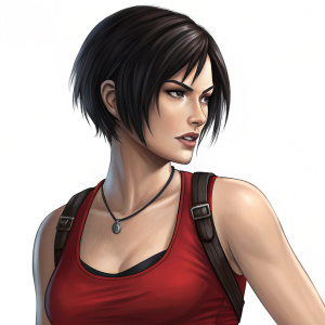 Ada Wong, character from Resident Evil, in detailed digital art. Short black hair, intense gaze, red tank top, against white background