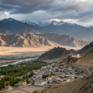 From a high vantage point, the town of Leh, located in the stunning region of Ladakh, India, is visible. Nestled among towering mountains, the town boasts a mix of traditional and modern buildings.