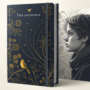 Redesigned book cover for 'The Goldfinch'. Dark, intricate design with subtle gold details. Face and bird element on either side, captivating mystery.