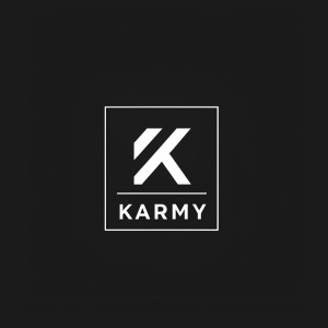 A clean, minimalist logo featuring the letter 'K' in bold, sans-serif font against a sleek black background. Below the 'K', the name 'Karmy' is written in a simple, modern font.