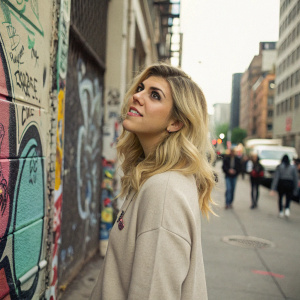 Molly Tarlov, a young woman with blonde wavy hair, wearing a casual beige sweater. Standing in front of a graffiti wall in a city street.