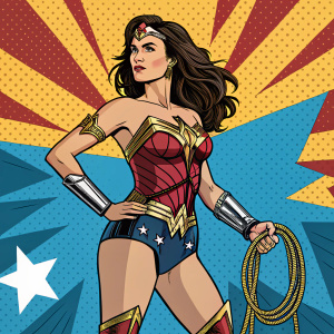 Digital illustration of Diana Prince, Wonder Woman, standing confidently in a combat-ready pose, set against a vibrant, comic book-inspired background.
