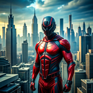 villain mech red and black theme in city background realistic photography

