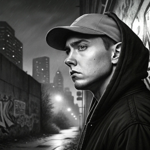 Album cover of Eminem's new release. Artistic black and white photo of Eminem's face. Background is a chaotic urban setting with graffiti and city lights.