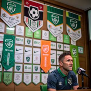 Robbie Keane, Irish soccer player, in a press conference room. Numerous sports banners and logos hanging on the walls.
