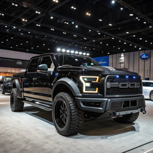 A custom black Shelby truck based on Ford F150. Futuristic design with large grille and detailed branding. Displayed at an automotive expo.