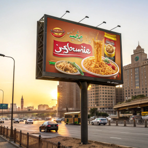 Indomie instant noodle packaging in vibrant sunset colors, featuring detailed Arabic text, advertising on billboard.
