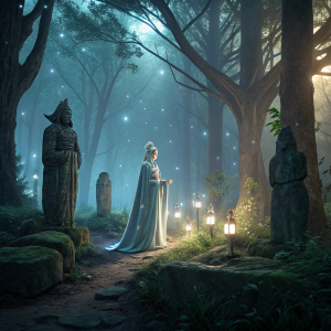 Digital illustration: Elara, a mythical elf, standing amidst ancient stone statues in a mystical forest, glowing with ethereal light.