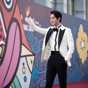 South Korean actor Yoo Yeon-Seok waves at the Seoul Fashion Week. Dressed in a white and black formal outfit, standing in front of a colorful graffiti wall