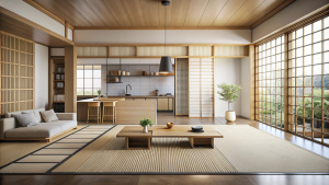 Modern Japanese minimalist interior design kitchen and living room ,sleek tatami mats meet plush rugs, light wood blends with earthy ceramics, and hidden shoji screens reveal a minimalist kitchen.