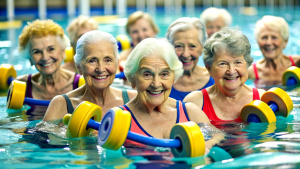 Active mature women enjoying aqua gym class in a pool, healthy retired lifestyle with seniors doing aqua fit sport