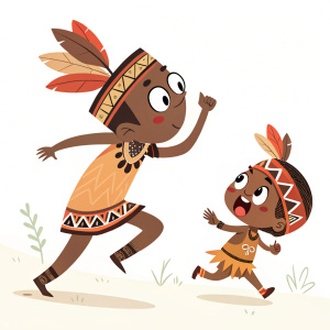 Simplified cartoon characters, tribal aesthetic, dynamic movement, earthy color scheme, flat light background.