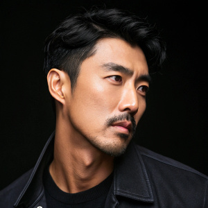 Cha Seung Won, South Korean actor, intense gaze, mustache, and sharp facial features. Shot against a sleek, black background. Modern photography style.