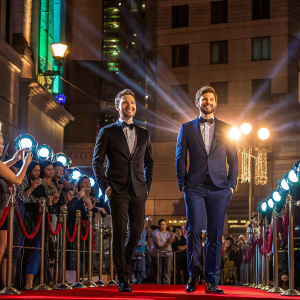 JC Chasez and Chace Crawford attending a glamorous award show. Bright spotlights, red carpet, and excited fans in the background.